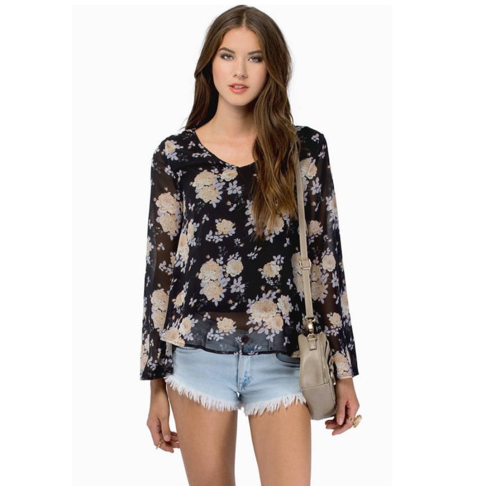 Black Floral Blouse with Bell Sleeves